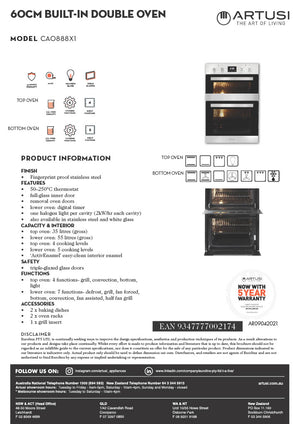 Artusi CAO888X/1 60cm Built-In Double Electric Oven