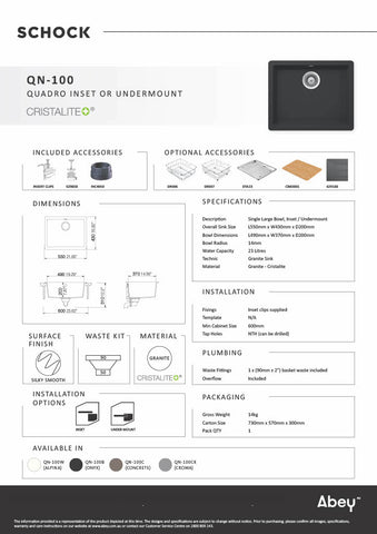 Schock QN-100SW Quadro QN100S Inset Or Undermount Granite Sink
