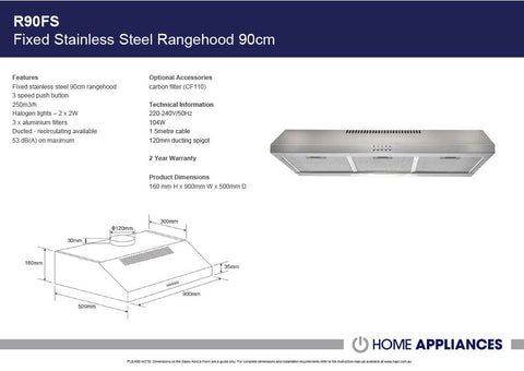 Euromaid R90FS 90cm Stainless Steel Fixed Rangehood
