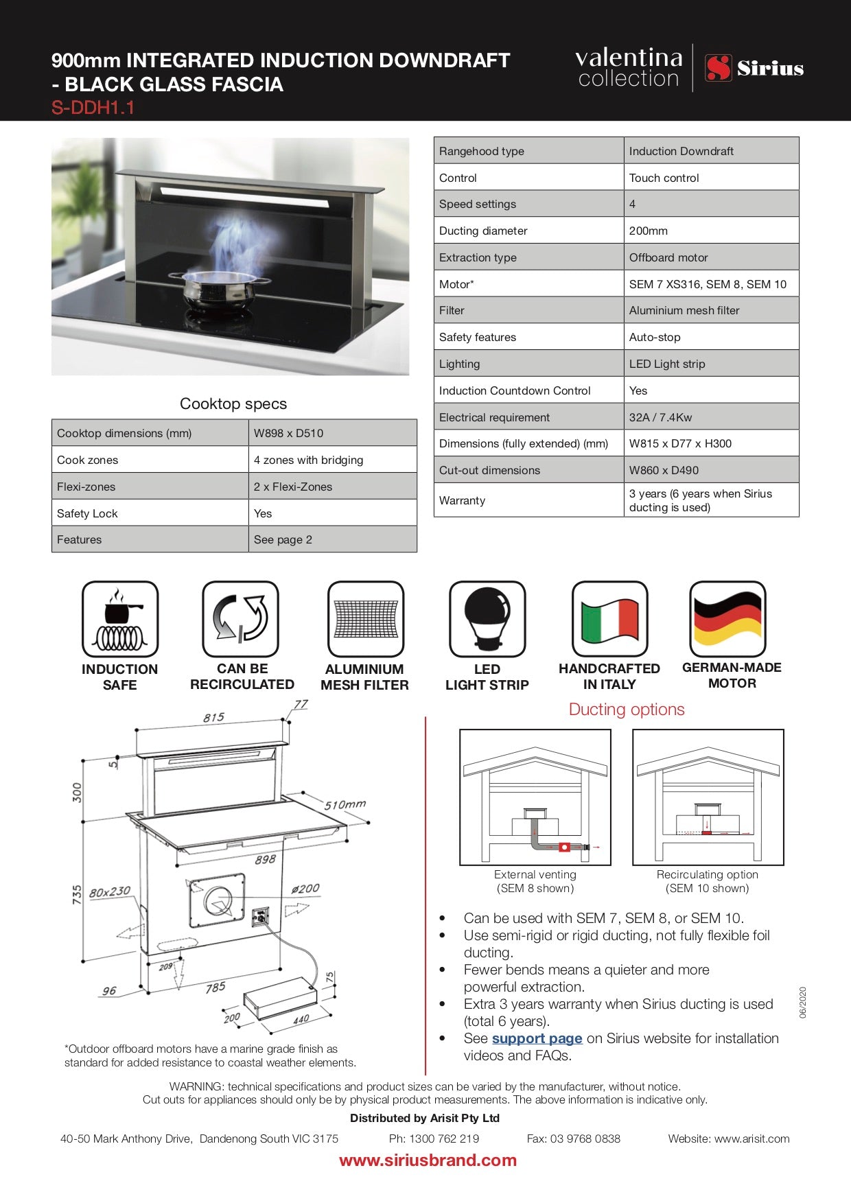 Sirius SDDH1.1 4 Zone Induction & Downdraft Rangehood 8Appliances