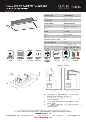 Sirius SLT969 WH Valentina Collection 1100mm White Glass Onboard Ceiling Cassette Rangehood