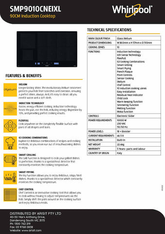 Whirlpool SMP 9010CNEIXL 90cm 6TH SENSE FlexiFull 10 Zone Induction Cooktop