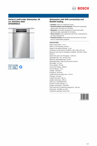 Bosch SPU6IMS01A Series 6 45cm Built-under Stainless Steel Dishwasher