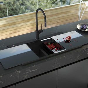 Oliveri ST-BL1566GT Santorini Black Double Bowl Topmount Sink With Glass Top