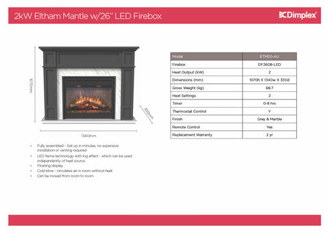 Dimplex ETM20-AU Eltham Mantel 2kW Electric Fireplace
