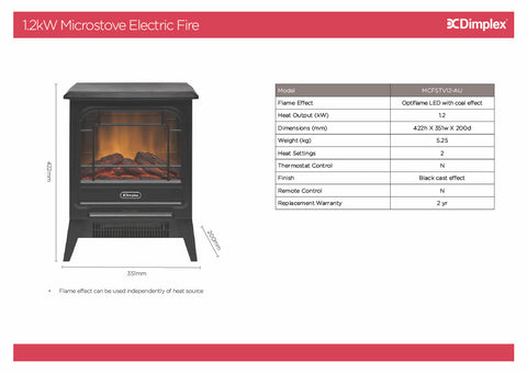 Dimplex MCFSTV12-AU Microstove 1.2kW Optiflame Portable Electric Fire