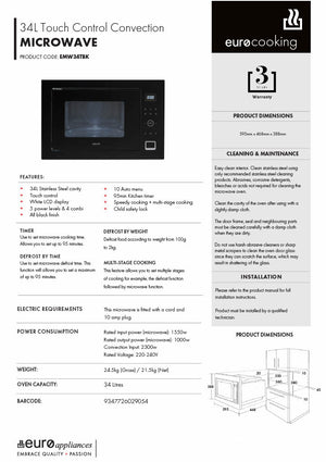 Euro Appliances EMW34TBK 34L Touch Control Convection Microwave