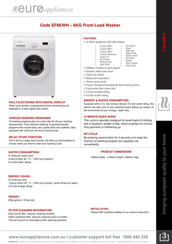 Euro Appliances EF6KWH 6Kg Front Loader Washing Machine