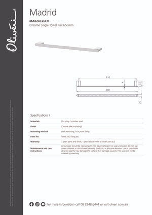 Oliveri MA824C26CR Madrid Chrome 650mm Single Towel Rail