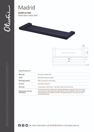Oliveri MA891AC3MB Madrid Matte Black 420mm Metal Shelf