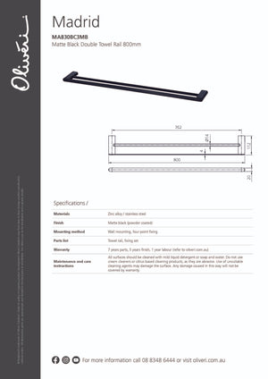 Oliveri MA830BC3MB Madrid Matte Black 800mm Double Towel Rail