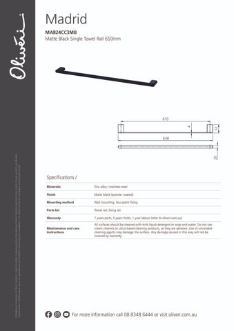 Oliveri MA824CC3MB Madrid Matte Black 650mm Single Towel Rail