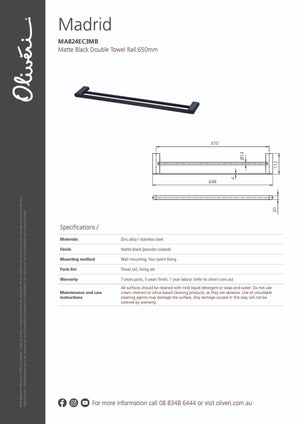 Oliveri MA824EC3MB Madrid Matte Black 650mm Double Towel Rail