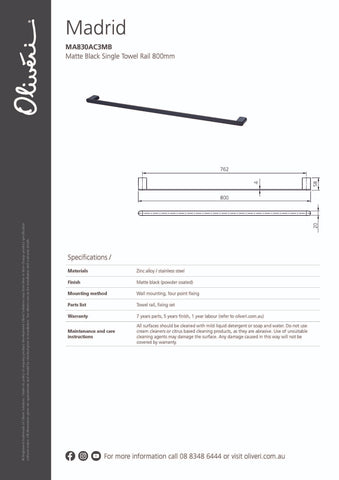 Oliveri MA830AC3MB Madrid Matte Black 800mm Single Towel Rail