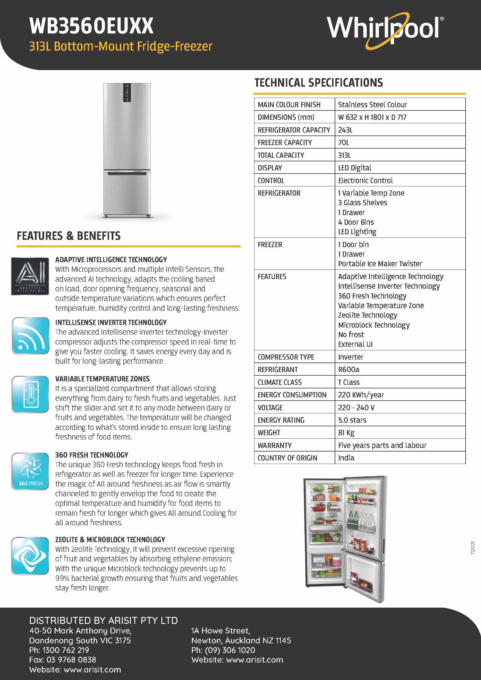 Whirlpool WB3560EU 313L BottomMount FridgeFreezer 8Appliances
