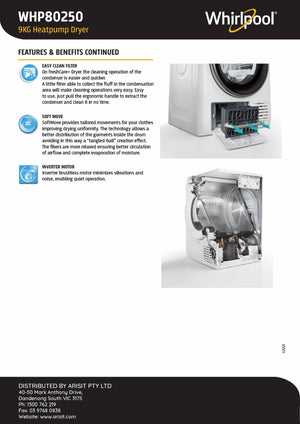 Whirlpool WHP80250 9Kg 6th SENSE HeatPump Dryer