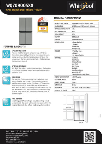 Whirlpool WQ70900S 675L Four Door Refrigerator