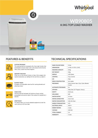 Whirlpool WB90805 8.5kg 64L Top Load Washing Machine