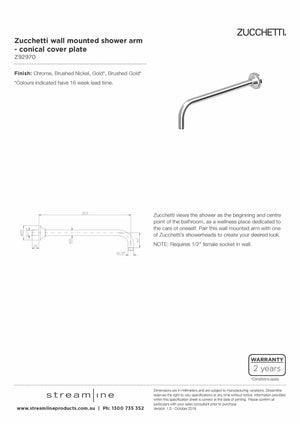 Zucchetti Z92970 Wall Mounted Shower Arm - Conical Cover Plate