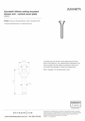 Zucchetti Z92971 Ceiling Mounted Shower Arm - 130mm - Conical Cover Plate