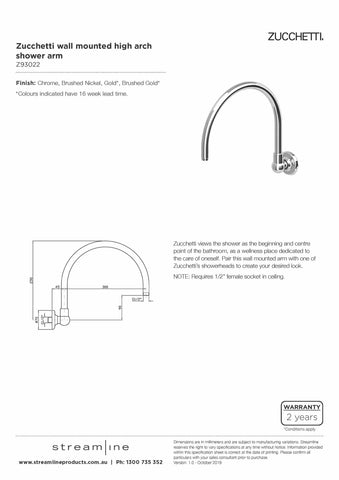 Zucchetti Z93022 Wall Mounted High Arch Shower Arm