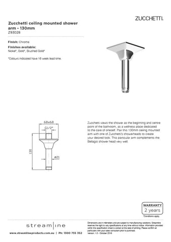 Zucchetti Z93028 Ceiling Mounted Shower Arm - 130mm - Square Cover Plate