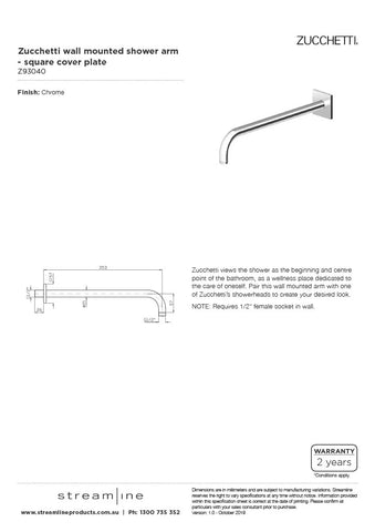 Zucchetti Z93040 Wall Mounted Shower Arm - Square Cover Plate