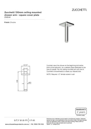 Zucchetti Z93041 Ceiling Mounted Shower Arm - 130mm - Square Cover Plate
