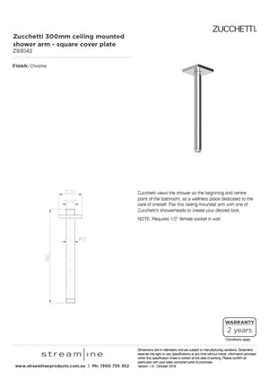 Zucchetti Z93042 Ceiling Mounted Shower Arm - 300mm - Square Cover Plate