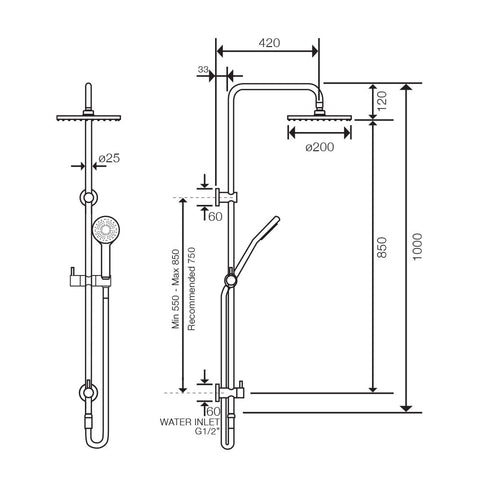 Arcisan AX02310 Axus Pin Shower Column With Handshower Set - Bottom Diverter