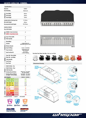 Whispair X3M09S5.OP/B Monte Carlo 90cm Bulit-in (Undermount) Back Ducted KleenAir Power 1020m3/hr