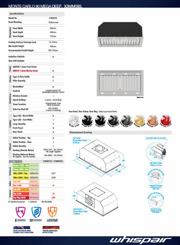 Whispair X3MM09S6 Monte Carlo 90cm Mega Deep Undermount Rangehood