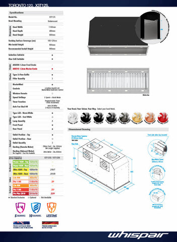 Whispair X3T12S6 Toronto 120cm Mega Deep Undermount Rangehood