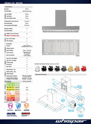 Whispair X5V12S6 Vienna 120cm Wall Mounted Rangehood