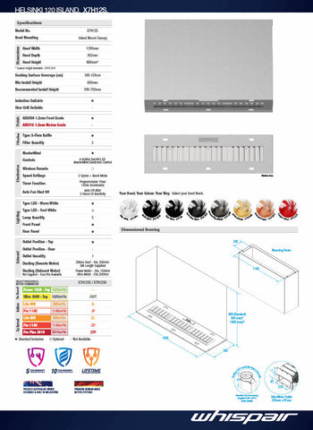 Whispair X7H12S5 Helsinki 120cm Island Mounted Rangehood