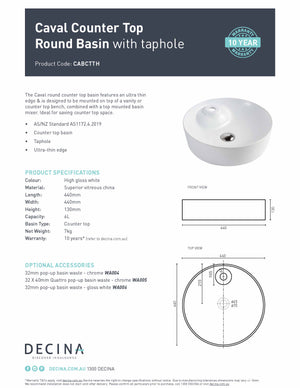 Decina CABCTTH Caval Countertop Basin with 1 Taphole