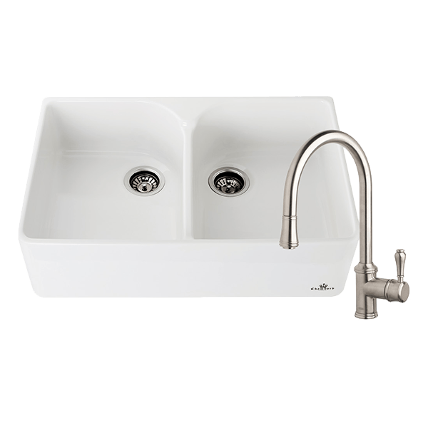 Chambord CLOTAIRE-2WTBN Clotaire 800mm Ceramic Double Bowl Sink & Palais Brushed Nickel Kitchen Mixer