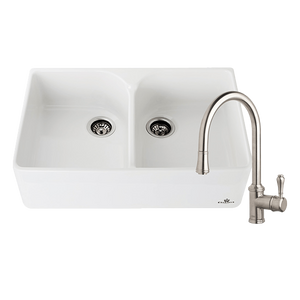 Chambord CLOTAIRE-2WTBN Clotaire 800mm Ceramic Double Bowl Sink & Palais Brushed Nickel Kitchen Mixer