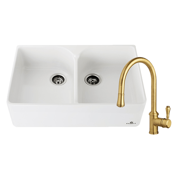 Chambord CLOTAIRE-2WTBR Clotaire 800mm Ceramic Double Bowl Sink & Palais Bronze Kitchen Mixer
