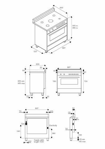 La Germania Floor Stock AMS96C61LBNE 90cm 6 Burners Electric Oven Electric Grill