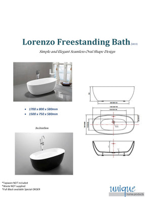 Unique 6833-1500 BK Lorenzo 1500mm Black / White Bath