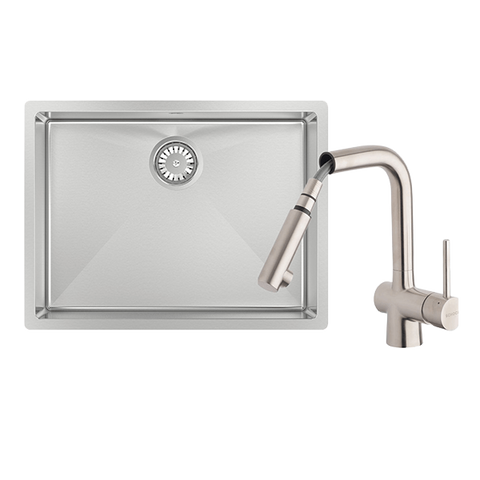 Abey FRA540T2 Alfresco 540mm Large Bowl Sink with Drain Tray & Laios Pull Out Kitchen Mixer