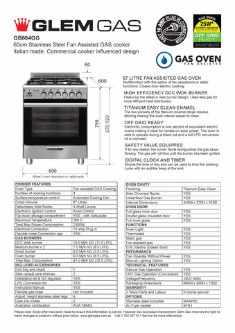 GlemGas GB664GG 60cm Stainless Steel Cooker