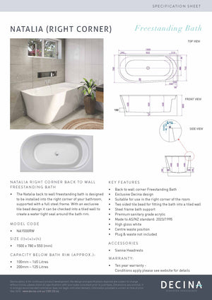Decina NA1700LW/NA1700RW Natalia 1700mm White Freestanding Corner Bath
